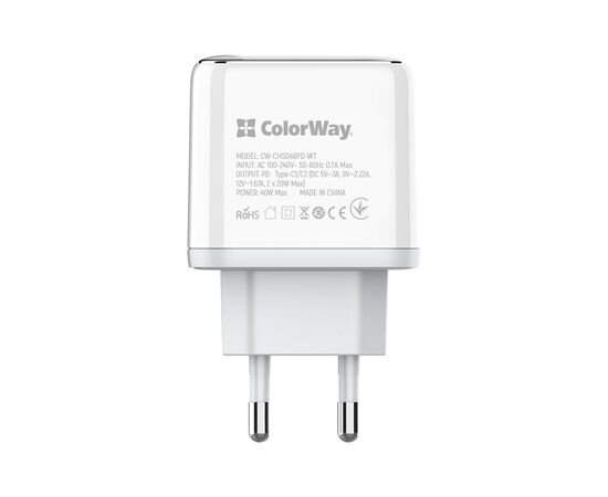 Зарядное устройство ColorWay Power Delivery Port PPS USB (Type-C PD + Type-C PD) (40W) white (CW-CHS048PD-WT), изображение 6 Зарядное устройство ColorWay Power Delivery Port PPS USB (Type-C PD + Type-C PD) (40W) white (CW-CHS048PD-WT), изображение 6