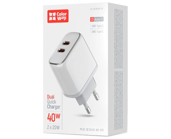 Зарядное устройство ColorWay Power Delivery Port PPS USB (Type-C PD + Type-C PD) (40W) white (CW-CHS048PD-WT), изображение 7 Зарядное устройство ColorWay Power Delivery Port PPS USB (Type-C PD + Type-C PD) (40W) white (CW-CHS048PD-WT), изображение 7