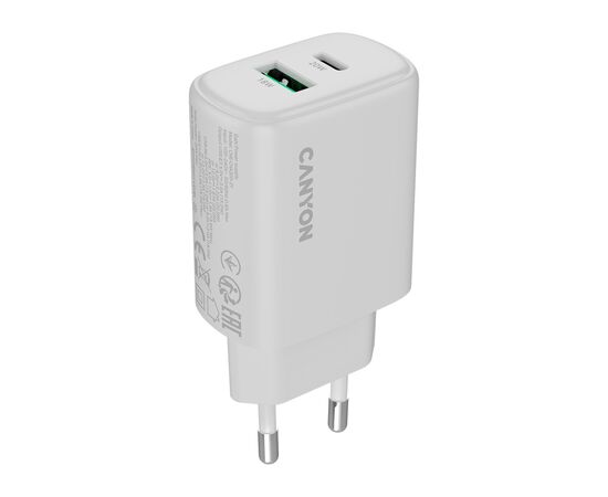 Зарядное устройство Canyon OnCharge 200 20W 1xPD 1xQC EU White (CNE-CHA200-21), изображение 2 Зарядное устройство Canyon OnCharge 200 20W 1xPD 1xQC EU White (CNE-CHA200-21), изображение 2
