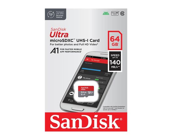 Карта памяти SanDisk 64GB microSDXC class 10 UHS-I A1 (SDSQUAB-064G-GN6MN), изображение 2 Карта памяти SanDisk 64GB microSDXC class 10 UHS-I A1 (SDSQUAB-064G-GN6MN), изображение 2