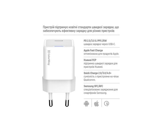 Зарядное устройство ColorWay GaN Mini 25W PD Port PPS USB-C white cable Type-C (CW-CHS052PDC-WT), изображение 9 Зарядное устройство ColorWay GaN Mini 25W PD Port PPS USB-C white cable Type-C (CW-CHS052PDC-WT), изображение 9