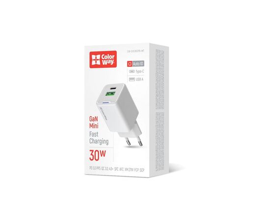 Зарядное устройство ColorWay GaN Mini 30W PD Port PPS USB (Type-C PD + USB QC4.0) white (CW-CHS053PD-WT), изображение 6 Зарядное устройство ColorWay GaN Mini 30W PD Port PPS USB (Type-C PD + USB QC4.0) white (CW-CHS053PD-WT), изображение 6
