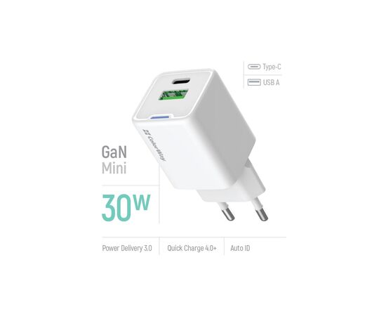 Зарядное устройство ColorWay GaN Mini 30W PD Port PPS USB (Type-C PD + USB QC4.0) white (CW-CHS053PD-WT), изображение 7 Зарядное устройство ColorWay GaN Mini 30W PD Port PPS USB (Type-C PD + USB QC4.0) white (CW-CHS053PD-WT), изображение 7