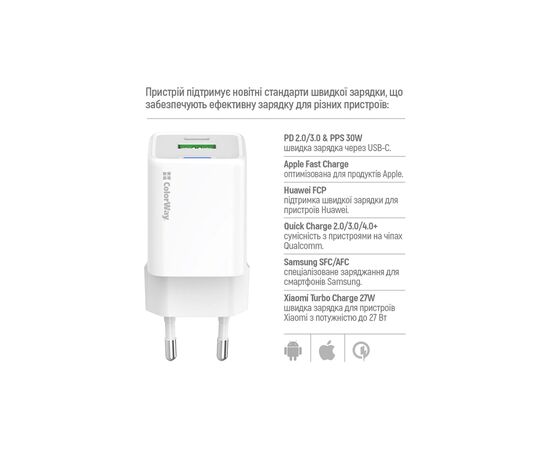 Зарядное устройство ColorWay GaN Mini 30W PD Port PPS USB (Type-C PD + USB QC4.0) white (CW-CHS053PD-WT), изображение 9 Зарядное устройство ColorWay GaN Mini 30W PD Port PPS USB (Type-C PD + USB QC4.0) white (CW-CHS053PD-WT), изображение 9