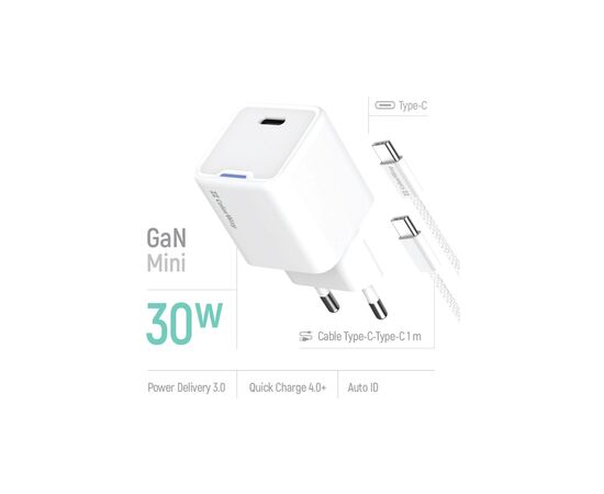 Зарядное устройство ColorWay GaN Mini 30W PD Port PPS USB-C white + cable Type-C (CW-CHS054PDC-WT), изображение 7 Зарядное устройство ColorWay GaN Mini 30W PD Port PPS USB-C white + cable Type-C (CW-CHS054PDC-WT), изображение 7