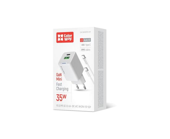 Зарядное устройство ColorWay GaN Mini 35W PD Port PPS USB (Type-C PD + USB QC4.0) cable Type-C (CW-CHS055PDC-WT), изображение 6 Зарядное устройство ColorWay GaN Mini 35W PD Port PPS USB (Type-C PD + USB QC4.0) cable Type-C (CW-CHS055PDC-WT), изображение 6