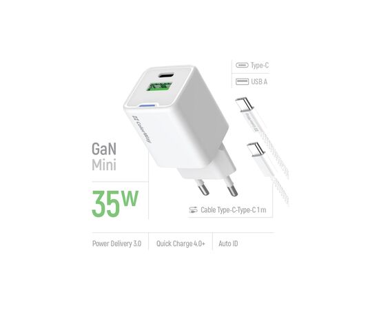 Зарядное устройство ColorWay GaN Mini 35W PD Port PPS USB (Type-C PD + USB QC4.0) cable Type-C (CW-CHS055PDC-WT), изображение 7 Зарядное устройство ColorWay GaN Mini 35W PD Port PPS USB (Type-C PD + USB QC4.0) cable Type-C (CW-CHS055PDC-WT), изображение 7