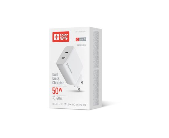 Зарядное устройство ColorWay GaN Mini 50W PD Port PPS USB (Type-C PD 30W + Type-C PD 20W) white (CW-CHS050PD-WT), изображение 6 Зарядное устройство ColorWay GaN Mini 50W PD Port PPS USB (Type-C PD 30W + Type-C PD 20W) white (CW-CHS050PD-WT), изображение 6