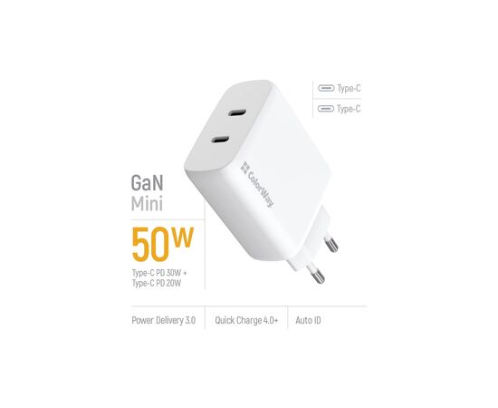Зарядное устройство ColorWay GaN Mini 50W PD Port PPS USB (Type-C PD 30W + Type-C PD 20W) white (CW-CHS050PD-WT), изображение 7 Зарядное устройство ColorWay GaN Mini 50W PD Port PPS USB (Type-C PD 30W + Type-C PD 20W) white (CW-CHS050PD-WT), изображение 7