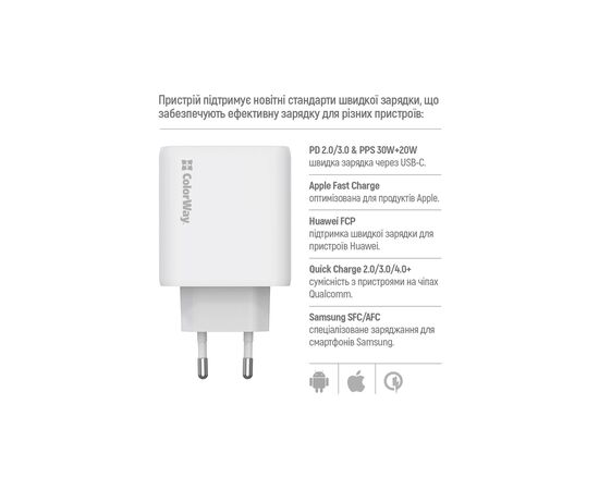 Зарядное устройство ColorWay GaN Mini 50W PD Port PPS USB (Type-C PD 30W + Type-C PD 20W) white (CW-CHS050PD-WT), изображение 9 Зарядное устройство ColorWay GaN Mini 50W PD Port PPS USB (Type-C PD 30W + Type-C PD 20W) white (CW-CHS050PD-WT), изображение 9