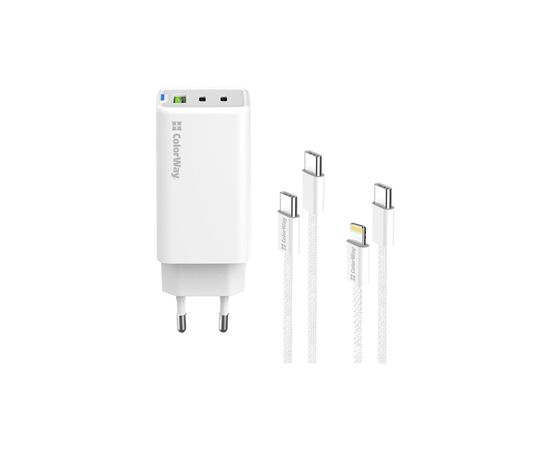 Зарядное устройство ColorWay GaN Mini 65W PD Port PPS USB (USB-2C1A) cable Type-C&Lightning (CW-CHS058PDCL-WT), изображение 2 Зарядное устройство ColorWay GaN Mini 65W PD Port PPS USB (USB-2C1A) cable Type-C&Lightning (CW-CHS058PDCL-WT), изображение 2