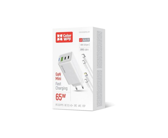 Зарядное устройство ColorWay GaN Mini 65W PD Port PPS USB (USB-2C1A) cable Type-C&Lightning (CW-CHS058PDCL-WT), изображение 6 Зарядное устройство ColorWay GaN Mini 65W PD Port PPS USB (USB-2C1A) cable Type-C&Lightning (CW-CHS058PDCL-WT), изображение 6