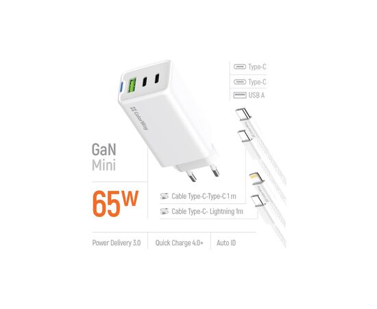Зарядное устройство ColorWay GaN Mini 65W PD Port PPS USB (USB-2C1A) cable Type-C&Lightning (CW-CHS058PDCL-WT), изображение 7 Зарядное устройство ColorWay GaN Mini 65W PD Port PPS USB (USB-2C1A) cable Type-C&Lightning (CW-CHS058PDCL-WT), изображение 7