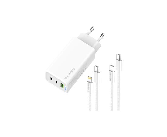 Зарядний пристрій ColorWay GaN Mini 65W PD Port PPS USB (USB-2C1A) cable Type-C&Lightning (CW-CHS058PDCL-WT)