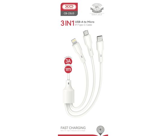 Дата кабель USB 2.0 AM to Lightning + Micro 5P + Type-C 1.0m 2.4A XO (CB-23U3), изображение 3 Дата кабель USB 2.0 AM to Lightning + Micro 5P + Type-C 1.0m 2.4A XO (CB-23U3), изображение 3