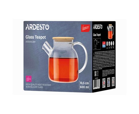Заварник Ardesto Gemini боросилікатне скло бамбук прозорий 600мл (AR3006GBM), зображення 3 Заварник Ardesto Gemini боросилікатне скло бамбук прозорий 600мл (AR3006GBM), зображення 3
