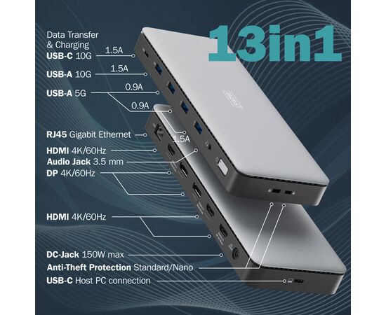 Порт-реплікатор Digitus USB-C > 3xHDMI/2xDP/4xUSB-A/USB-C/RJ54/DC/Audio (DA-70918), зображення 7 Порт-реплікатор Digitus USB-C > 3xHDMI/2xDP/4xUSB-A/USB-C/RJ54/DC/Audio (DA-70918), зображення 7