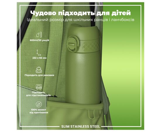 Пляшка для води ION8 OneTouch Stainless Steel 600 мл Khaki Green (I8SS600KGRE), зображення 5