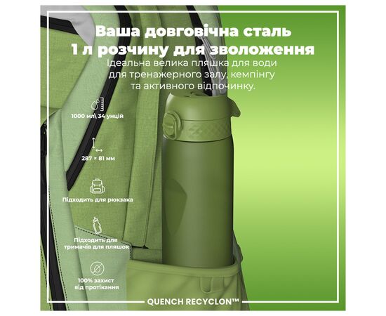 Бутылка для воды ION8 OneTouch 1000 мл BPA Free Khaki Green (I8RF1000KGRE), изображение 5 Бутылка для воды ION8 OneTouch 1000 мл BPA Free Khaki Green (I8RF1000KGRE), изображение 5