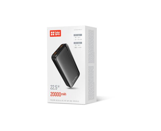 Батарея универсальная ColorWay 20 000 mAh Portable Charger (USB/QC3.0 + USB-C/PD/22.5W) Black (CW-PB200LPB4BK-PD), изображение 6 Батарея универсальная ColorWay 20 000 mAh Portable Charger (USB/QC3.0 + USB-C/PD/22.5W) Black (CW-PB200LPB4BK-PD), изображение 6