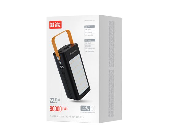 Батарея универсальная ColorWay 80 000 mAh LCD/Lamp (USB/QC3.0 + USB-C/PD/22.5W) Black (CW-PB800LPA8BK-PDD), изображение 6 Батарея универсальная ColorWay 80 000 mAh LCD/Lamp (USB/QC3.0 + USB-C/PD/22.5W) Black (CW-PB800LPA8BK-PDD), изображение 6
