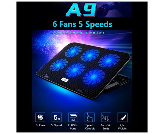 Подставка для ноутбука IceCoorel 10-15.6", 6*60mm 2500 RPM, 2*USB, 353x255x32mm, Black (A9), изображение 3 Подставка для ноутбука IceCoorel 10-15.6", 6*60mm 2500 RPM, 2*USB, 353x255x32mm, Black (A9), изображение 3