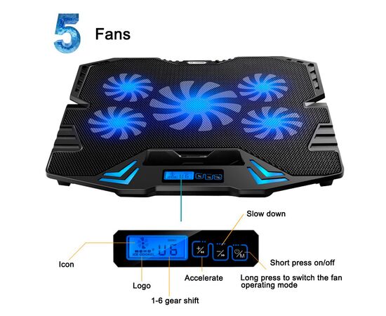 Підставка до ноутбука IceCoorel 10-15", 1*125mm 1400 RPM + 4*70mm 2500 RPM, 2*USB, 365x297x30mm, Blue (K5Bl), зображення 5 Підставка до ноутбука IceCoorel 10-15", 1*125mm 1400 RPM + 4*70mm 2500 RPM, 2*USB, 365x297x30mm, Blue (K5Bl), зображення 5