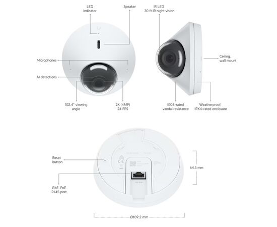 Камера видеонаблюдения Ubiquiti UVC-G4-DOME, изображение 4 Камера видеонаблюдения Ubiquiti UVC-G4-DOME, изображение 4