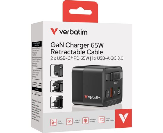 Зарядний пристрій Verbatim GaN 65 W 2 ports (USB-C/1xUSB-A) (32217), зображення 3 Зарядний пристрій Verbatim GaN 65 W 2 ports (USB-C/1xUSB-A) (32217), зображення 3