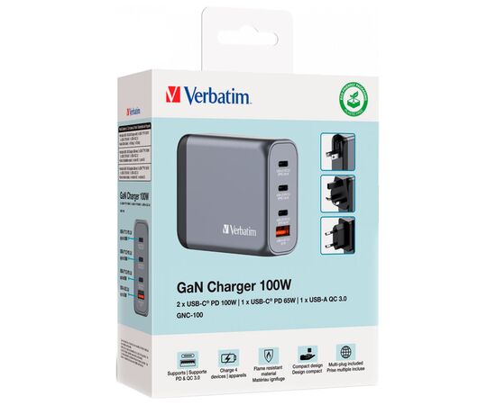 Зарядний пристрій Verbatim GaN 100 W 4 ports (2xUSB-C-100 W,USB-C 65 W /USB-A -3.0) (32202), зображення 6 Зарядний пристрій Verbatim GaN 100 W 4 ports (2xUSB-C-100 W,USB-C 65 W /USB-A -3.0) (32202), зображення 6