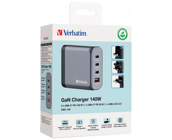 Зарядний пристрій Verbatim GaN 140 W 4 ports (2xUSB-C-140 W,USB-C 20 W /USB-A -3.0) (32203), зображення 6 Зарядний пристрій Verbatim GaN 140 W 4 ports (2xUSB-C-140 W,USB-C 20 W /USB-A -3.0) (32203), зображення 6