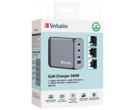 Зарядний пристрій Verbatim GaN 240 W 4 ports (USB-C-140 W,USB-C-100 W,USB-C-65 W /USB-A -3.0) (32205), зображення 4 Зарядний пристрій Verbatim GaN 240 W 4 ports (USB-C-140 W,USB-C-100 W,USB-C-65 W /USB-A -3.0) (32205), зображення 4