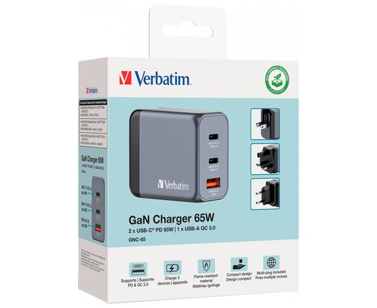 Зарядний пристрій Verbatim GaN 65 W 3 ports (2xUSB-C-65 W /USB-A -3.0) (32201), зображення 3 Зарядний пристрій Verbatim GaN 65 W 3 ports (2xUSB-C-65 W /USB-A -3.0) (32201), зображення 3