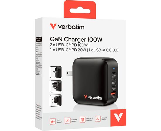 Зарядний пристрій Verbatim MiniGaN 100 W 4 ports (3xUSB-C/1xUSB-A) (32231), зображення 4 Зарядний пристрій Verbatim MiniGaN 100 W 4 ports (3xUSB-C/1xUSB-A) (32231), зображення 4
