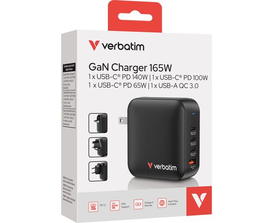 Зарядний пристрій Verbatim MiniGaN 165 W 4 ports (3xUSB-C/1xUSB-A) (32216), зображення 4 Зарядний пристрій Verbatim MiniGaN 165 W 4 ports (3xUSB-C/1xUSB-A) (32216), зображення 4
