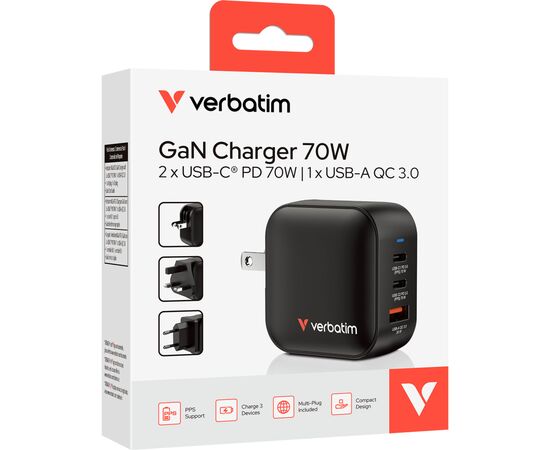 Зарядний пристрій Verbatim MiniGaN 70 W 3 ports (2xUSB-C/1xUSB-A) (32229), зображення 4 Зарядний пристрій Verbatim MiniGaN 70 W 3 ports (2xUSB-C/1xUSB-A) (32229), зображення 4