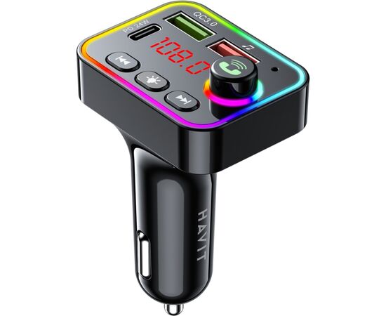 FM модулятор Havit HV-FM819BT USB-A+USB-C PD24W RGB Black (HV-FM819BT), изображение 3 FM модулятор Havit HV-FM819BT USB-A+USB-C PD24W RGB Black (HV-FM819BT), изображение 3