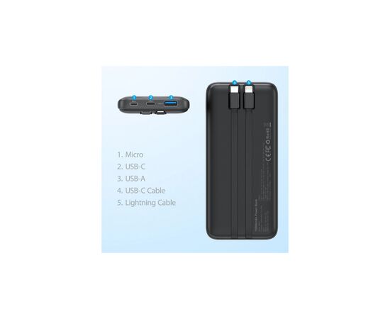 Батарея универсальная Choetech 10000mAh 22,5W, MicroUSB, USB-A, USB-C, build-in USB-C/Lightning cable (B654-BK), изображение 5 Батарея универсальная Choetech 10000mAh 22,5W, MicroUSB, USB-A, USB-C, build-in USB-C/Lightning cable (B654-BK), изображение 5