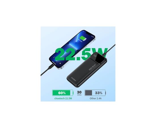 Батарея универсальная Choetech 10000mAh 22.5W, PD, QC/3.0, USB-A, USB-C, Black (B728-CCBK), изображение 5 Батарея универсальная Choetech 10000mAh 22.5W, PD, QC/3.0, USB-A, USB-C, Black (B728-CCBK), изображение 5