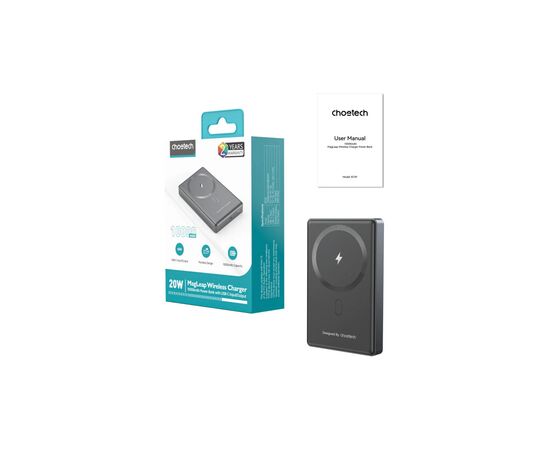 Батарея универсальная Choetech Magnetic Wireless 10000mAh 20W, PD, Qi-15W, USB-C In/Out, Ultra-thin, Black (B739-CCBK), изображение 4 Батарея универсальная Choetech Magnetic Wireless 10000mAh 20W, PD, Qi-15W, USB-C In/Out, Ultra-thin, Black (B739-CCBK), изображение 4