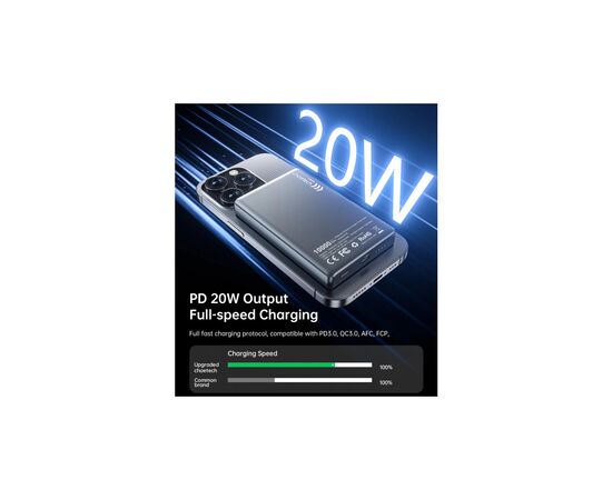 Батарея универсальная Choetech Magnetic Wireless 10000mAh 20W, PD, Qi-15W, USB-C In/Out, Ultra-thin, Black (B739-CCBK), изображение 5 Батарея универсальная Choetech Magnetic Wireless 10000mAh 20W, PD, Qi-15W, USB-C In/Out, Ultra-thin, Black (B739-CCBK), изображение 5