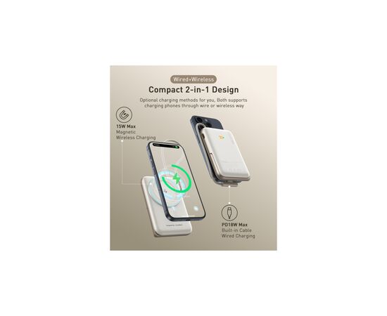 Батарея универсальная Choetech Magnetic Wireless 10000mAh 20W, PD, Qi-15W, USB-C In/Out, buid-in cabel, White (B735-CCWH), изображение 4 Батарея универсальная Choetech Magnetic Wireless 10000mAh 20W, PD, Qi-15W, USB-C In/Out, buid-in cabel, White (B735-CCWH), изображение 4