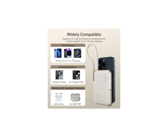 Батарея универсальная Choetech Magnetic Wireless 10000mAh 20W, PD, Qi-15W, USB-C In/Out, buid-in cabel, White (B735-CCWH), изображение 6 Батарея универсальная Choetech Magnetic Wireless 10000mAh 20W, PD, Qi-15W, USB-C In/Out, buid-in cabel, White (B735-CCWH), изображение 6