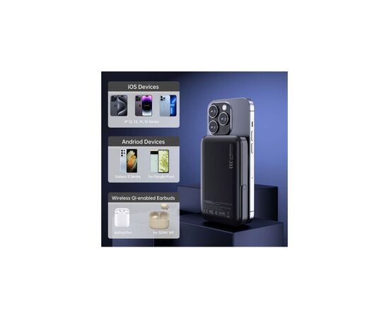 Батарея универсальная Choetech Magnetic Wireless 10000mAh 20W, PD, Qi-15W, USB-C In/Out, with holder, Black (B743-CCBK), изображение 5 Батарея универсальная Choetech Magnetic Wireless 10000mAh 20W, PD, Qi-15W, USB-C In/Out, with holder, Black (B743-CCBK), изображение 5