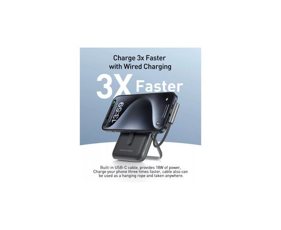 Батарея универсальная Choetech Magnetic Wireless 10000mAh 20W, PD, Qi-15W, USB-C In/Out, build-in cabel, Black (B735-CCBK), изображение 5 Батарея универсальная Choetech Magnetic Wireless 10000mAh 20W, PD, Qi-15W, USB-C In/Out, build-in cabel, Black (B735-CCBK), изображение 5