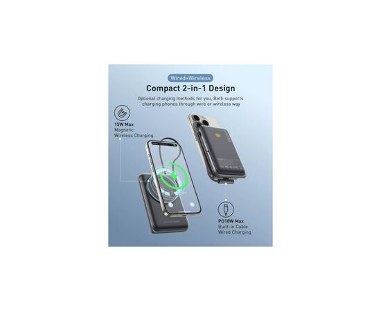Батарея универсальная Choetech Magnetic Wireless 10000mAh 20W, PD, Qi-15W, USB-C In/Out, build-in cabel, Black (B735-CCBK), изображение 6 Батарея универсальная Choetech Magnetic Wireless 10000mAh 20W, PD, Qi-15W, USB-C In/Out, build-in cabel, Black (B735-CCBK), изображение 6