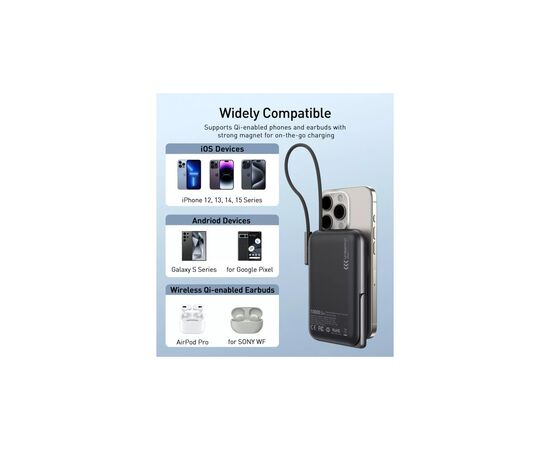 Батарея универсальная Choetech Magnetic Wireless 10000mAh 20W, PD, Qi-15W, USB-C In/Out, build-in cabel, Black (B735-CCBK), изображение 7 Батарея универсальная Choetech Magnetic Wireless 10000mAh 20W, PD, Qi-15W, USB-C In/Out, build-in cabel, Black (B735-CCBK), изображение 7