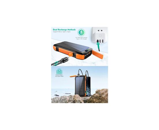 Батарея универсальная Choetech Wireless 20000mAh 20W, PD, QC/3.0, solar panel, Qi-5W, Black-Orange (B657-OR), изображение 5 Батарея универсальная Choetech Wireless 20000mAh 20W, PD, QC/3.0, solar panel, Qi-5W, Black-Orange (B657-OR), изображение 5