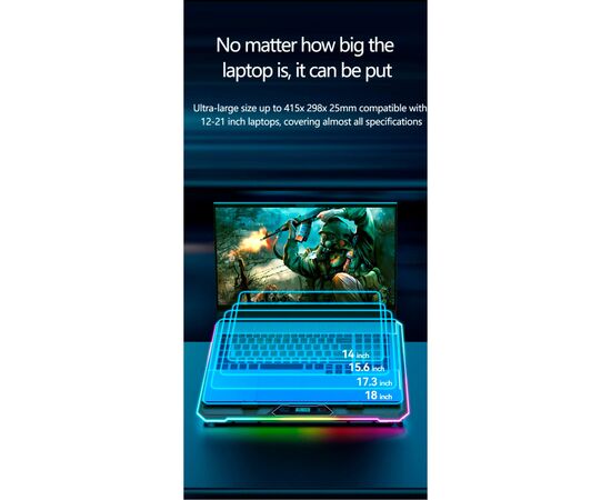 Подставка для ноутбука IceCoorel 10-19", 15*60mm 2550 RPM, 2*USB, + LCD, 415x296x28mm, RGB (K15D), изображение 2 Подставка для ноутбука IceCoorel 10-19", 15*60mm 2550 RPM, 2*USB, + LCD, 415x296x28mm, RGB (K15D), изображение 2
