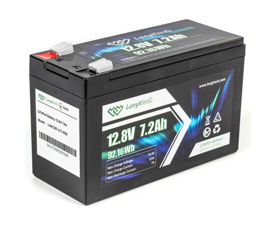 Батарея LiFePo4 Longttech LiFePO4 12.8V - 7.2Ah (LAR1207-LT7-R26), изображение 4 Батарея LiFePo4 Longttech LiFePO4 12.8V - 7.2Ah (LAR1207-LT7-R26), изображение 4